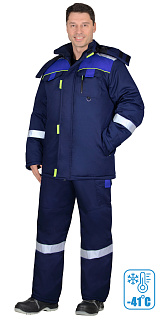 Костюм СИРИУС-БОСТОН-РОСС зимний, куртка длинная, п/к, синий с васильковым, чёрной отделкой и СОП