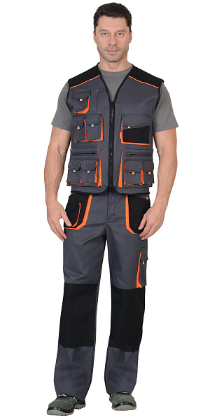 Жилет "СИРИУС-МАНХЕТТЕН" т.серый с оранж. и черным тк. стрейч пл. 250 г/кв.м